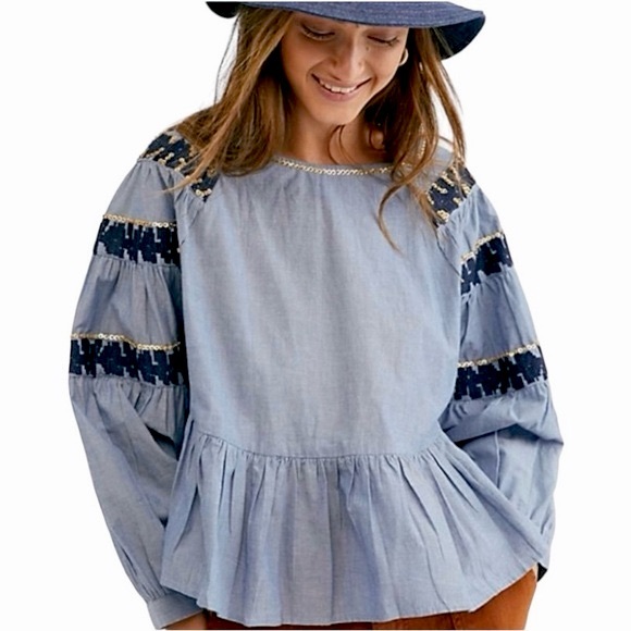 Anthropologie Boho Top Size XS Raga Boho Raglan Sleeve Embroidery Blue Top NWT - Picture 3 of 14
